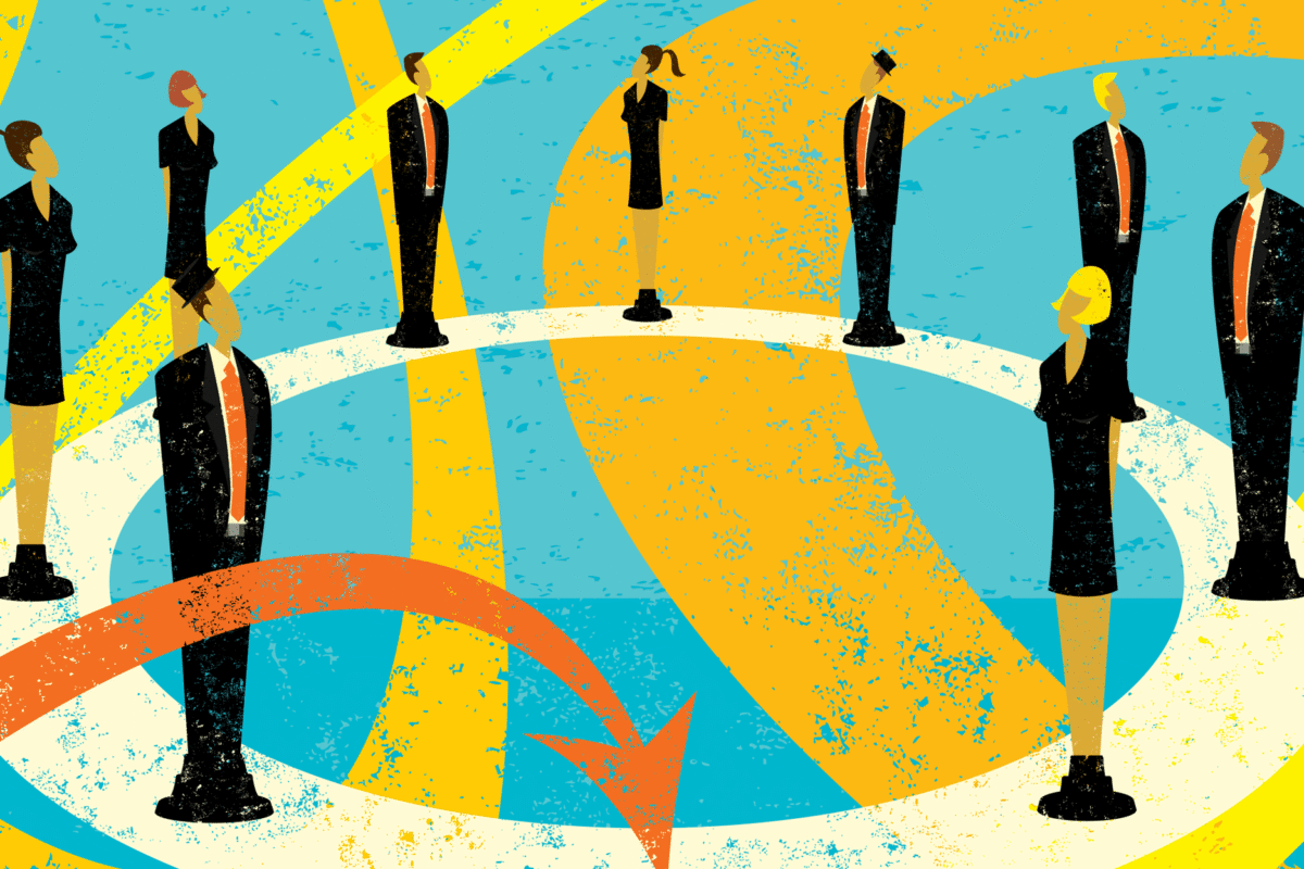 Illustration of businesspeople standing apart on a circular path, suggesting different roles within a system.