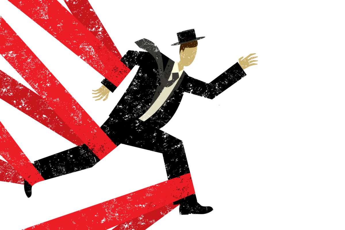 Illustration of a businessman running forward, with one arm and both legs caught in red tape.