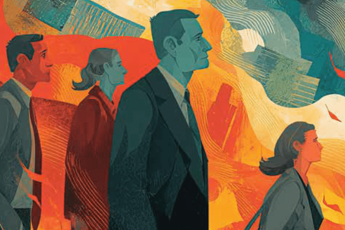 Illustration of several businesspeople in profile, walking forward together against a colorful abstract background.