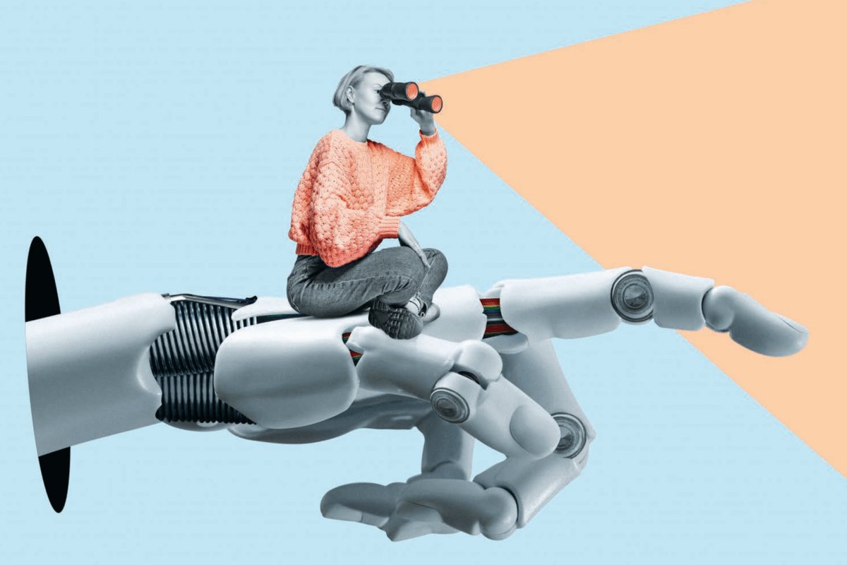 Illustration of a person sitting on a robotic hand a looking through binoculars, with a beam of light projecting forward.