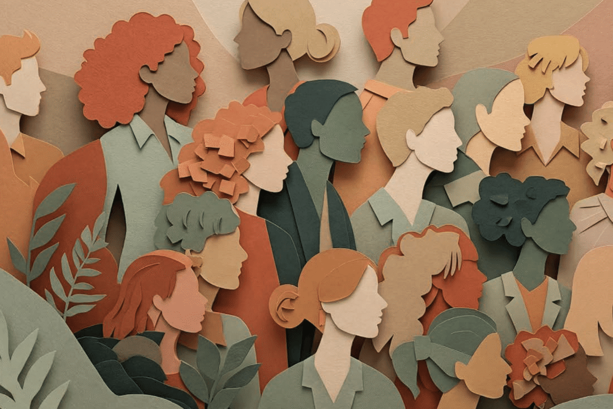 Illustration of a diverse group of people in profile, rendered in layered paper-cut style with varied colors.