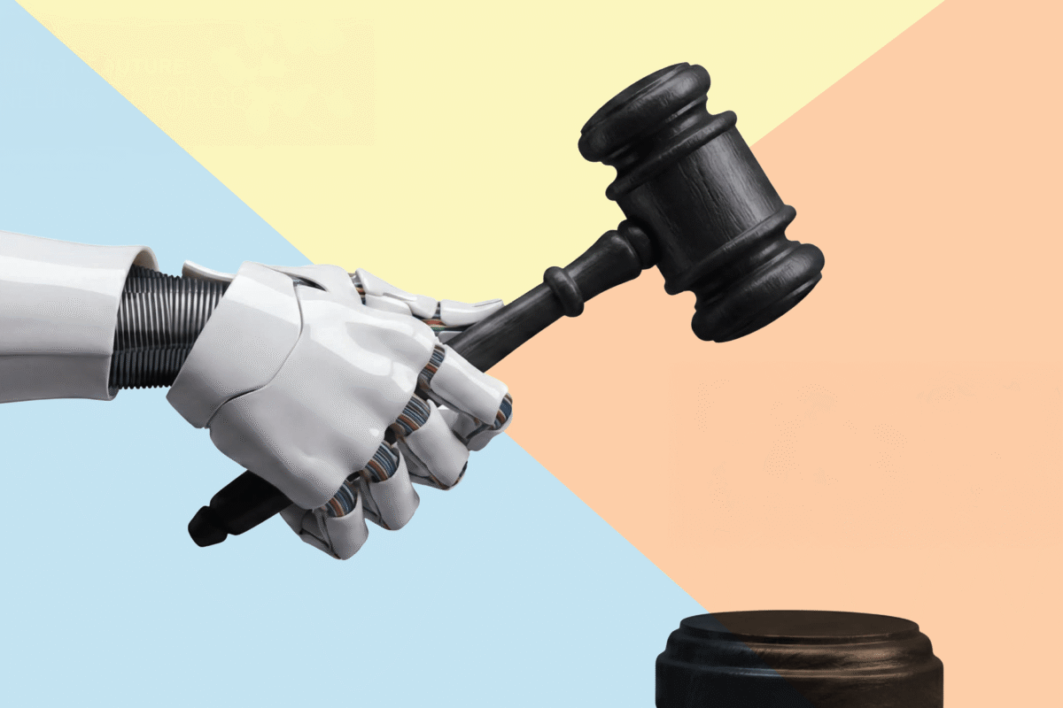 Illustration of a robotic hand holding a judge's gavel above a sound block, suggesting automation or artificial intelligence in the legal system.