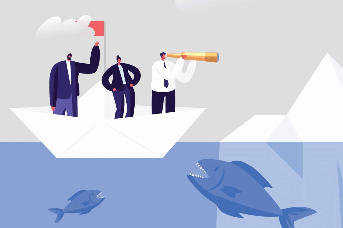 Illustration of three businesspeople standing on an iceberg, with one using a telescope to look ahead while large fish swim beneath the water.