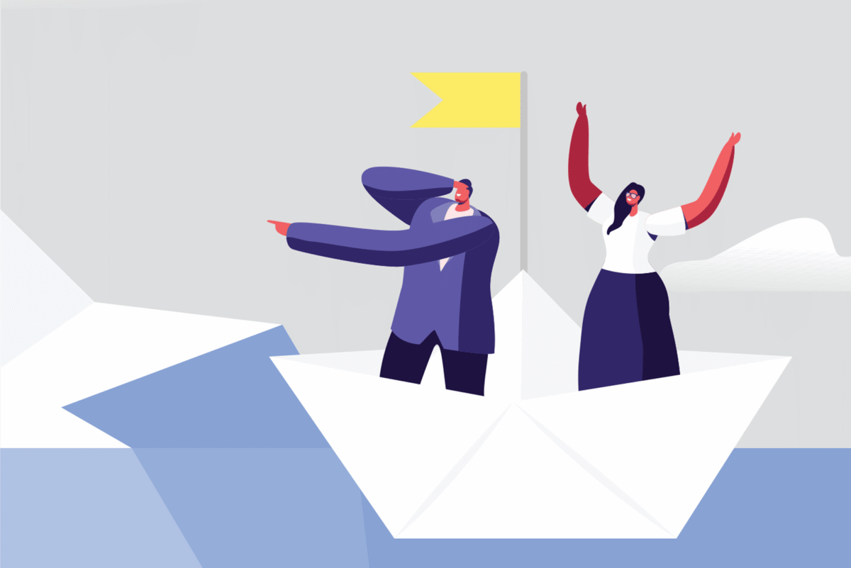 Illustration of two people standing on an iceberg with a flag, one pointing ahead while the other raises their arms up in the air.