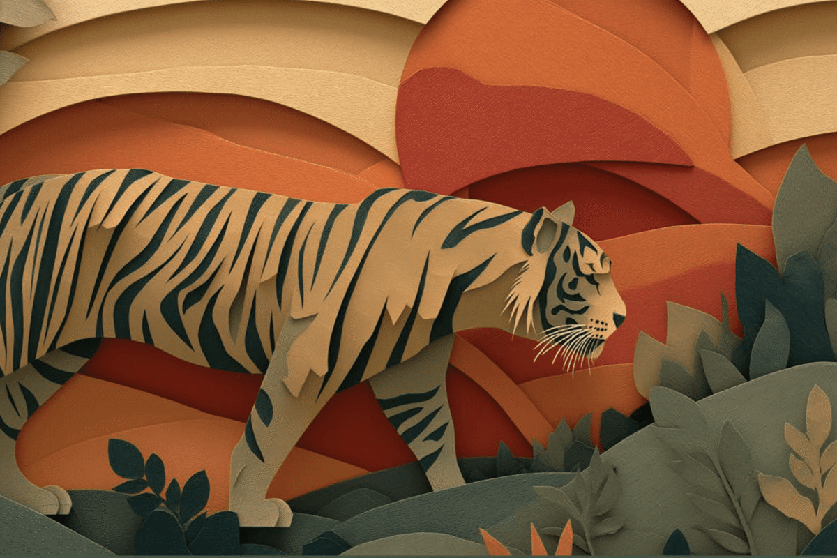 Illustration of a tiger walking through dense foliage against a layered, warm-toned abstract background.