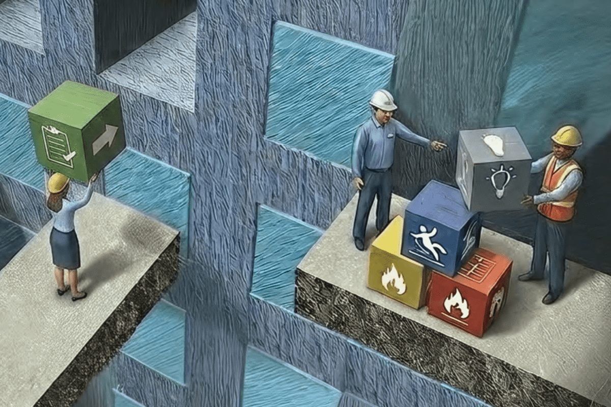 Illustration of workers assembling safety-related blocks on an elevated platform, while another worker carries a checklist block across a gap.