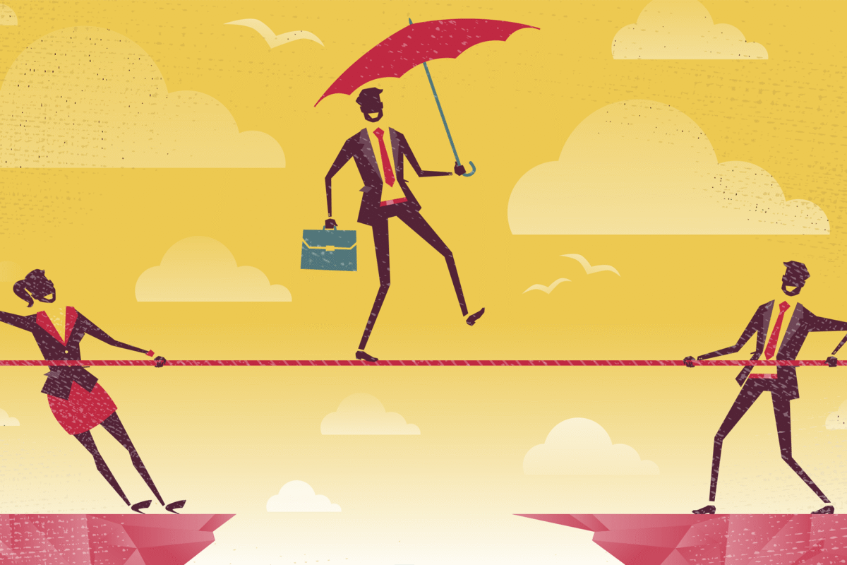 A businessperson balancing on a tightrope while holding an umbrella and a briefcase, supported by two colleagues at either of the rope.