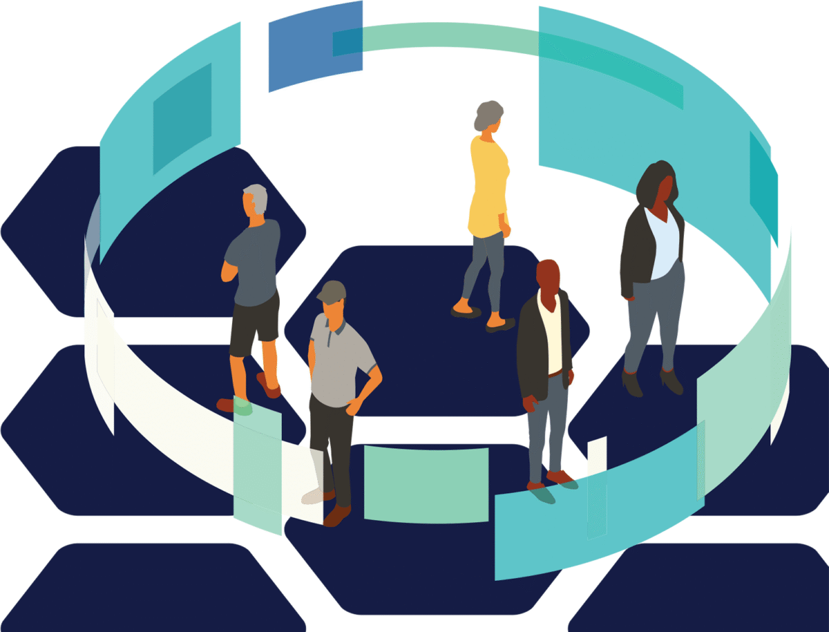 Illustration of a diverse group of people standing on platforms, surrounded by circular arrows, suggesting collaboration or an ongoing process.