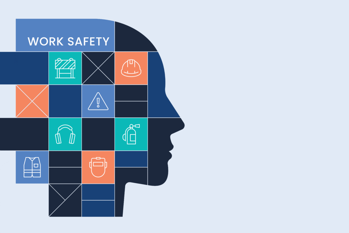 Graphic of a human head silhouette filled with safety-related icons and the text, "WORK SAFETY." Icons include a hard hat, hearing protection, a safety vest, face shield, fire extinguisher, warning symbol, and roadwork sign.