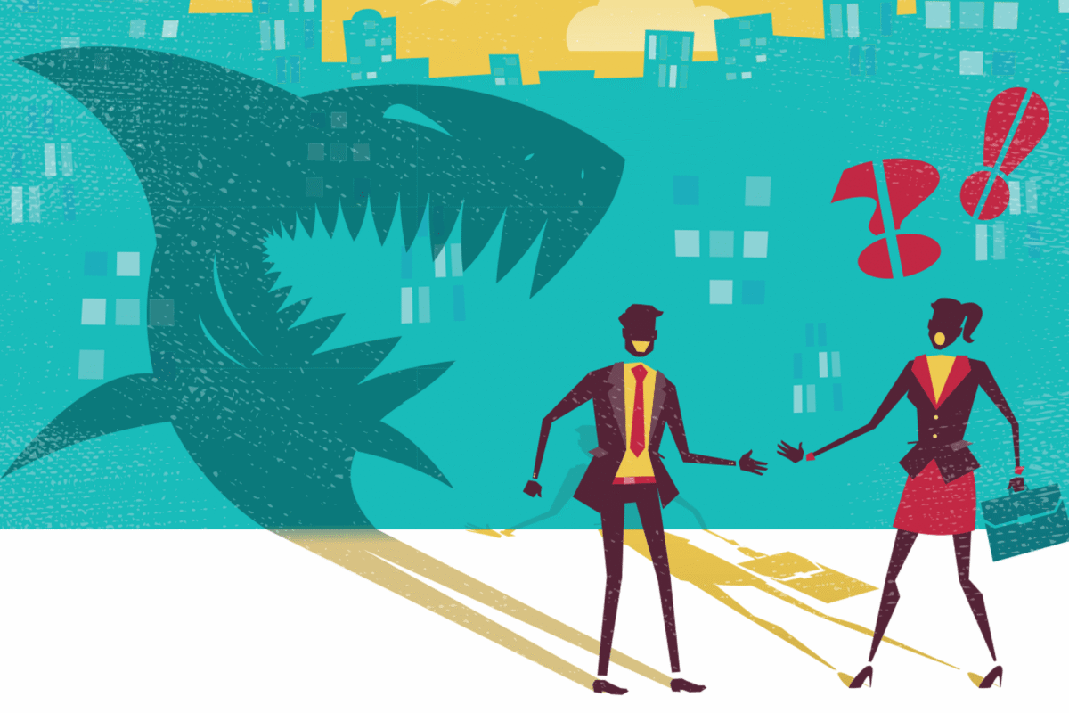 Illustration of two businesspeople shaking hands, their shadows casting the image of a large shark onto the wall behind them, with a red question and exclamation mark overhead.