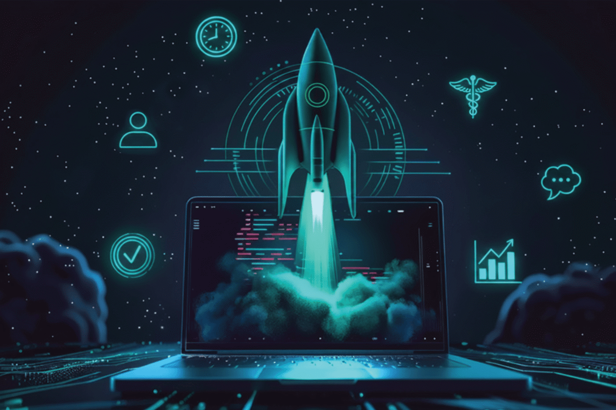 Illustration of a rocket launching from a laptop screen, surrounded by glowing digital icons representing users, communication, healthcare, analytics, time, and task completion.
