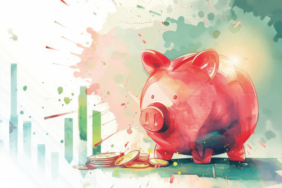 Illustration of a red piggy bank beside a small stack of coins, with colorful paint splashes and a green bar chart in the background.