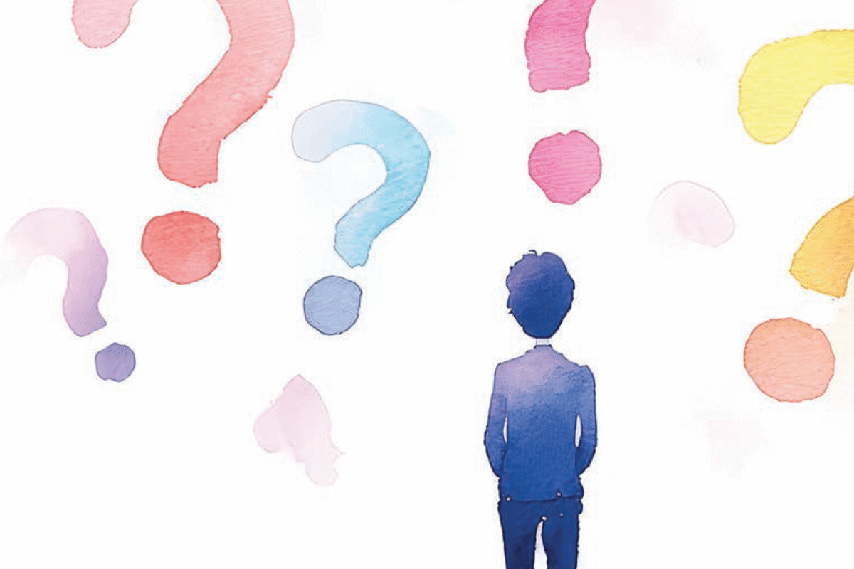 Illustration of a person standing with their back to the viewer, surrounded by large, colorful question marks.