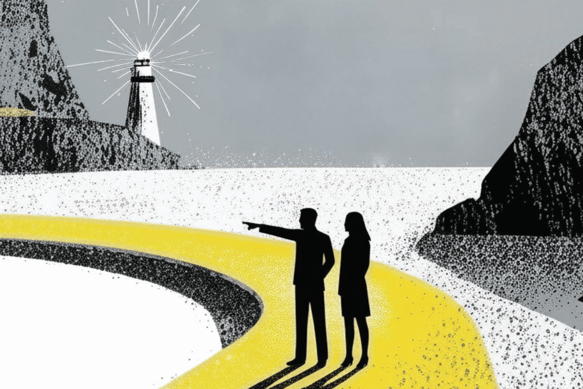 Silhouettes of two people standing on a winding path framed by rocky cliffs, with one pointing toward a distant lighthouse shining across the water.