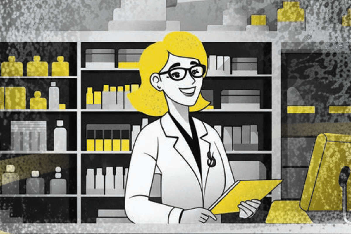 Illustration of a smiling pharmacist behind a counter, holding a clipboard, shelves stocked with medication in the background.
