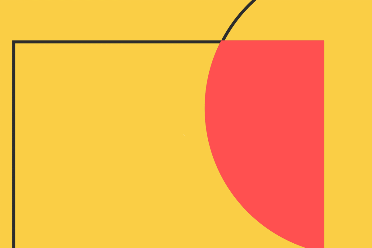Abstract geometric illustration with a bright yellow background, a large red semicircle , and thin black lines forming angular and curved shapes.