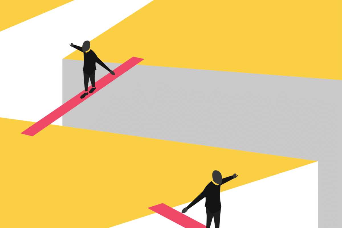 Two silhouetted figures balance on separate pink beams amid large yellow and white geometric shapes, suggesting uncertainty, risk, and navigating challenges.