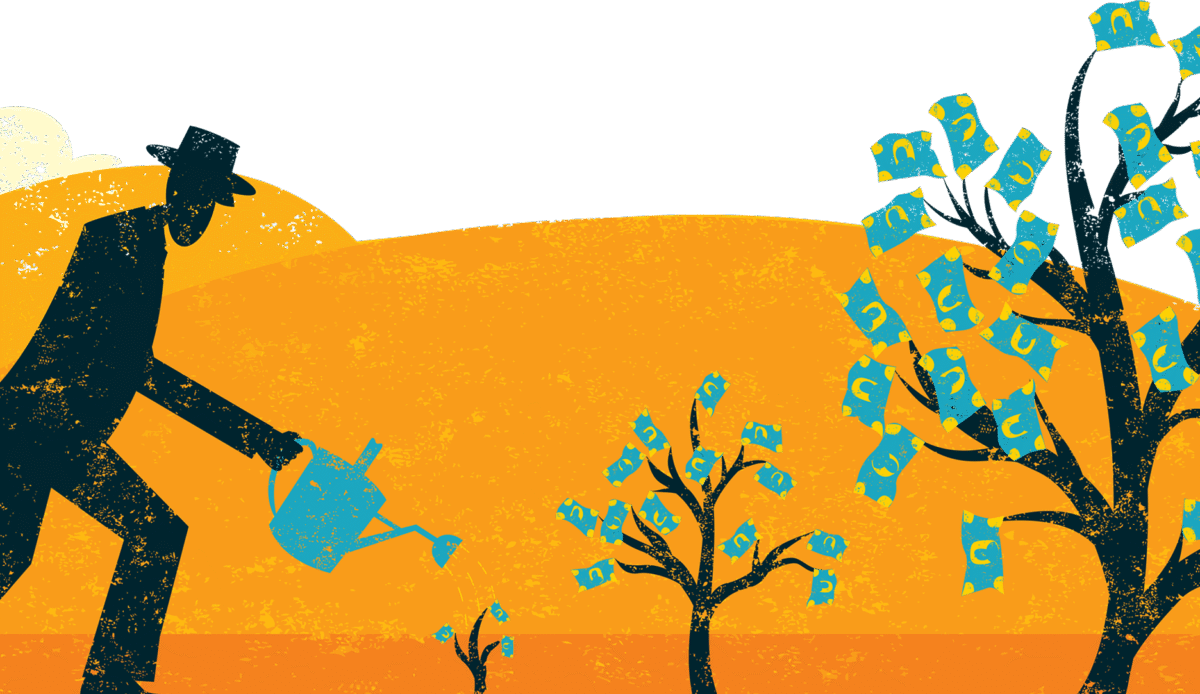 Stylized illustration of a person watering small trees that grow into larger trees covered with money, symbolized financial growth, investment, and long-term wealth building.
