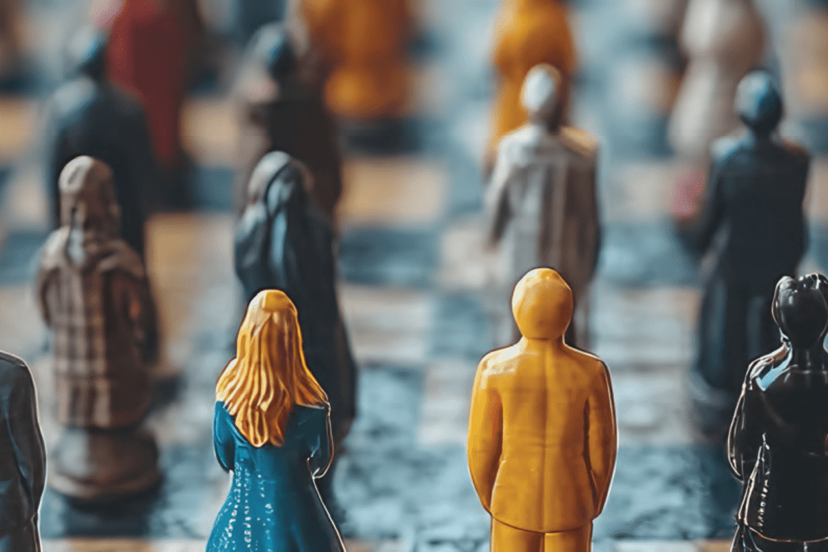 A group of colorful human figurines standing among a larger crowd, with an orange an a blue figure prominent in the foreground.