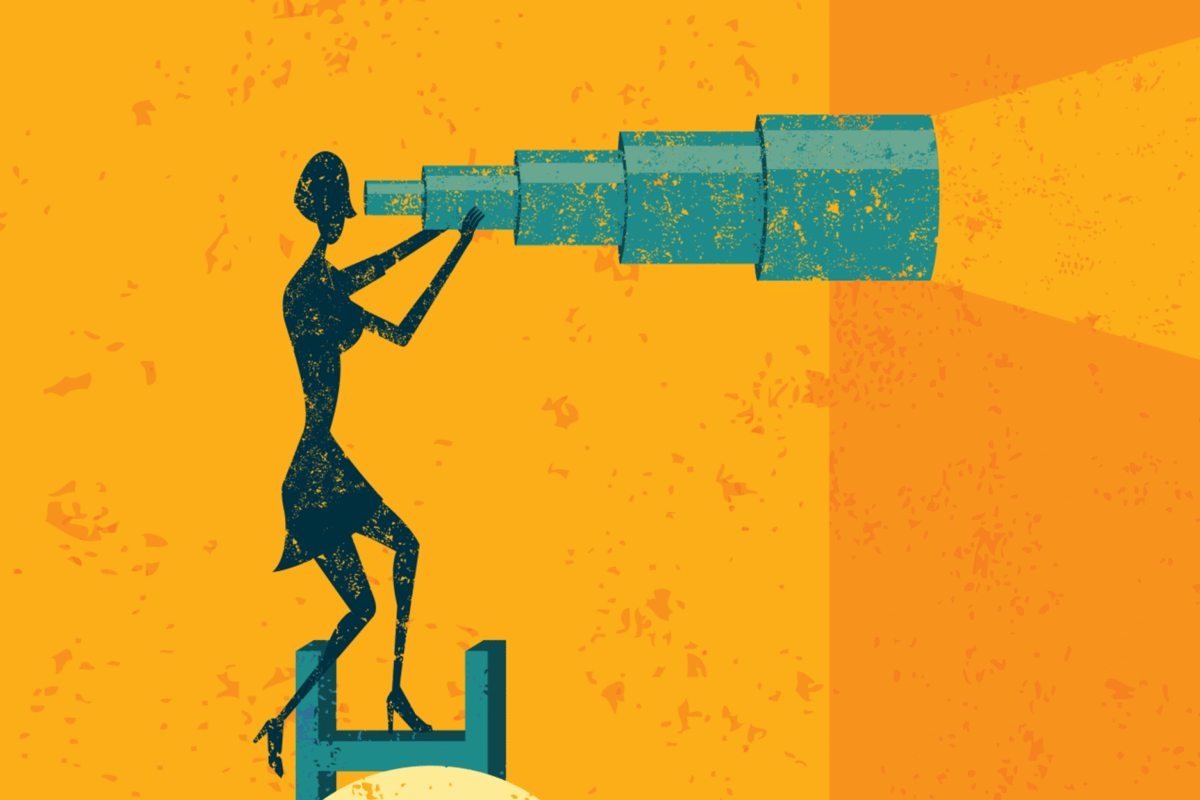 Stylized illustration of a person standing on a chair and looking through an oversized telescope against a bright orange background.