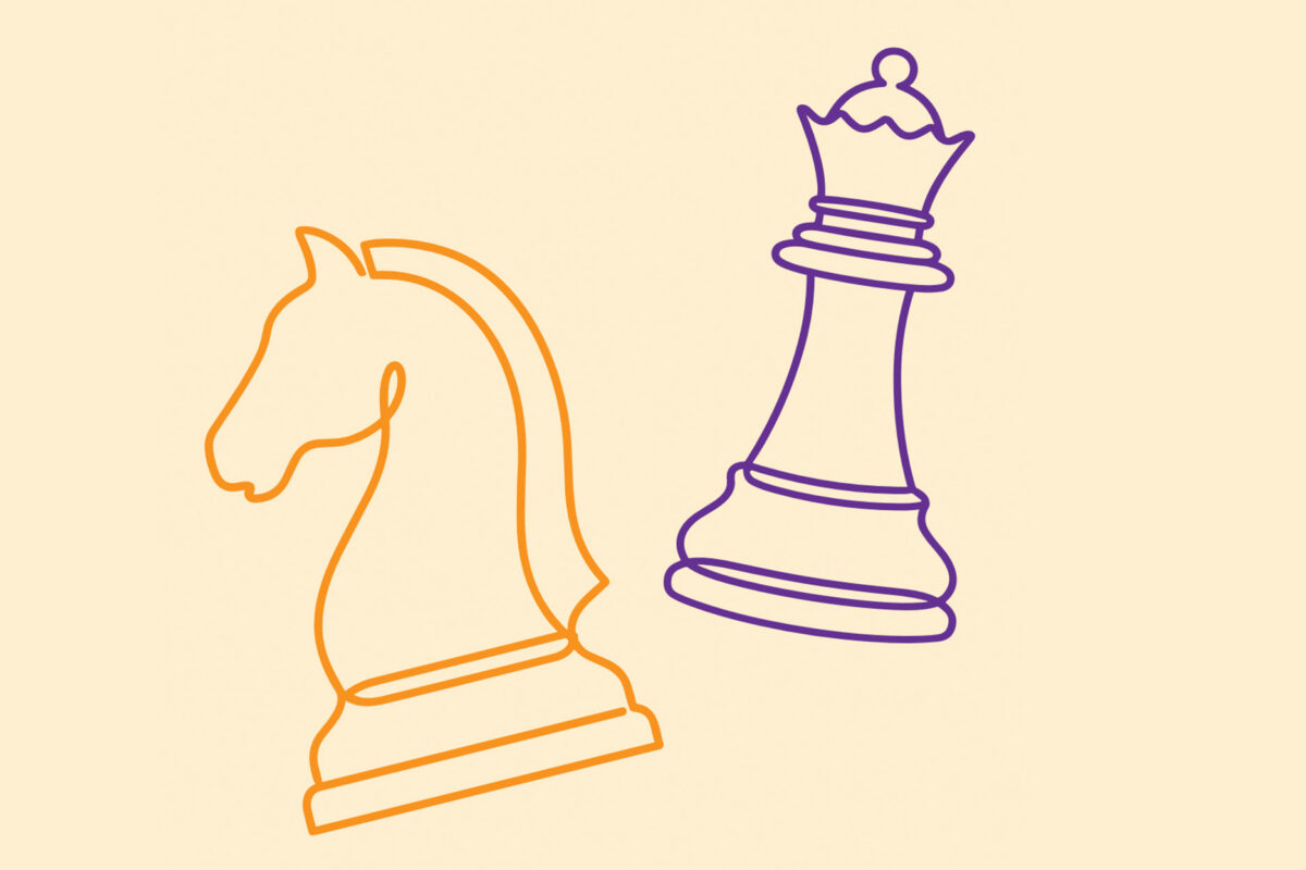 Illustration of two chess pieces: an orange knight on the left and a purple queen on the right.
