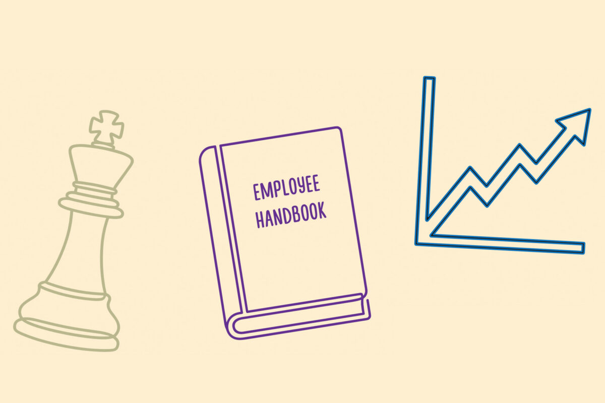 Illustration featuring a chess king, an employee handbook, and an upward-trend graph.