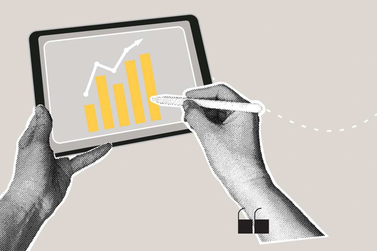 Illustration of hands holding a tablet and pointing a stylus at the display of a yellow bar chart and an upward-trending arrow.