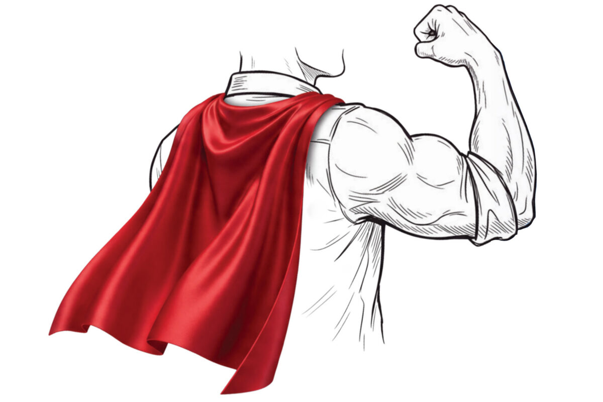 Illustration of a muscular figure flexing one arm, with a flowing red cape draped across their back.