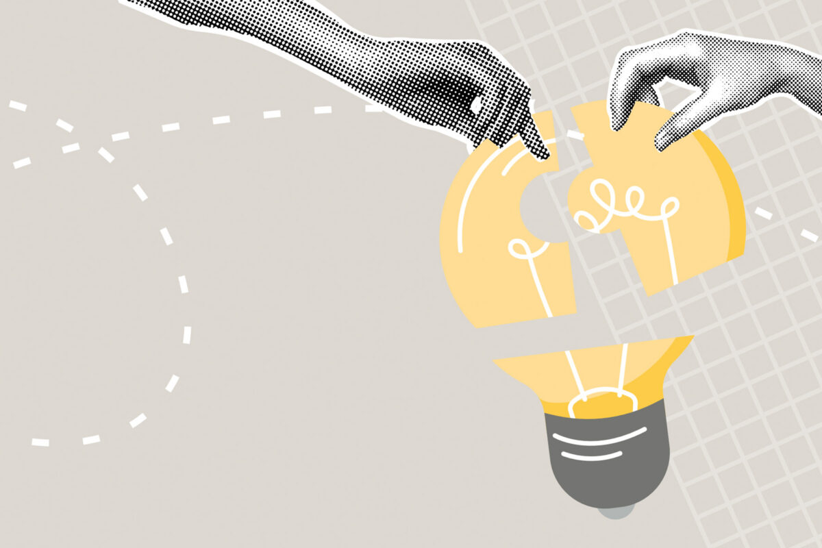 Illustration of two hands bringing together yellow puzzle pieces to complete the image of a lightbulb.