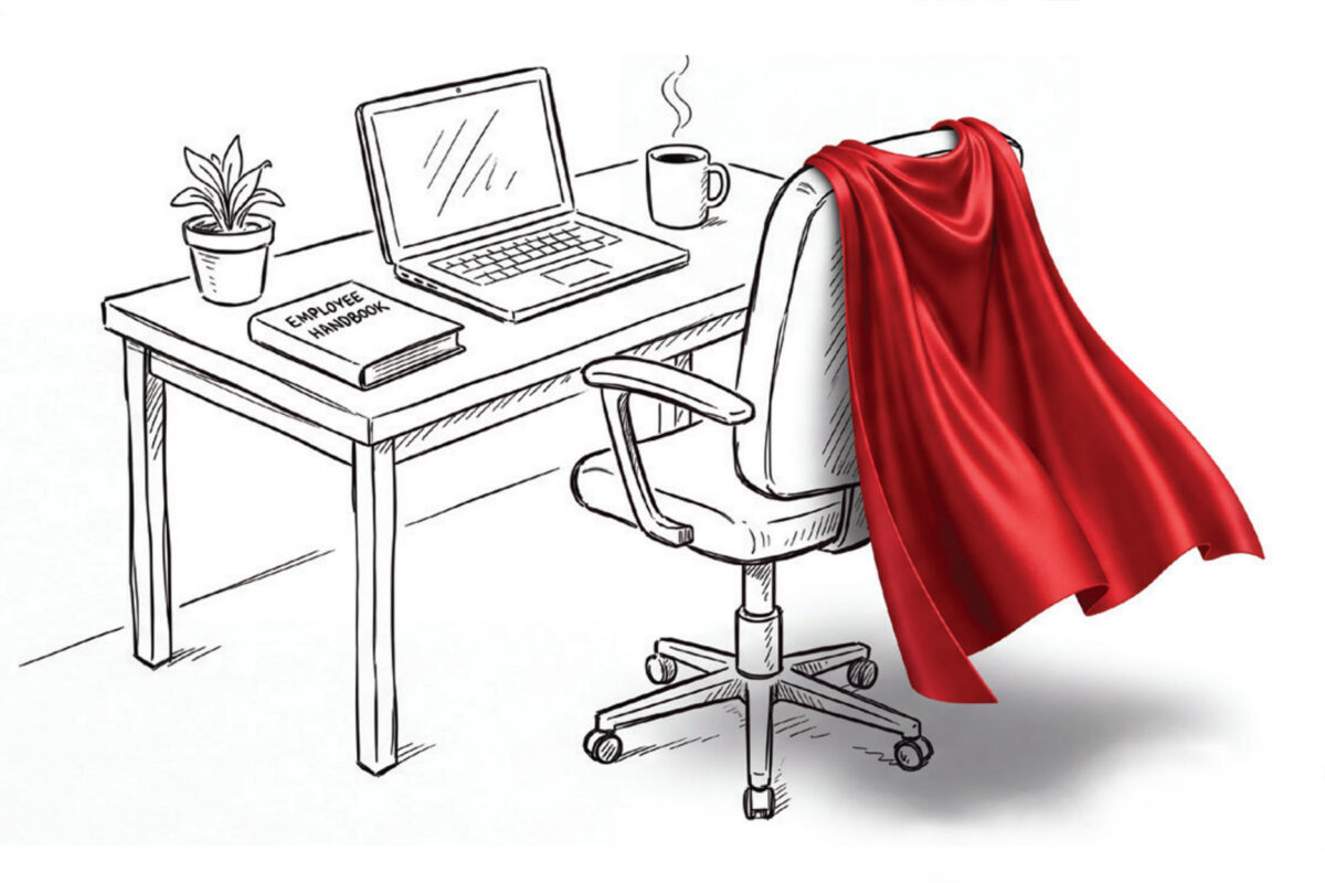 Illustration of an office workspace featuring a desk with a laptop, employee handbook, potted plant, and a steaming coffee mug.